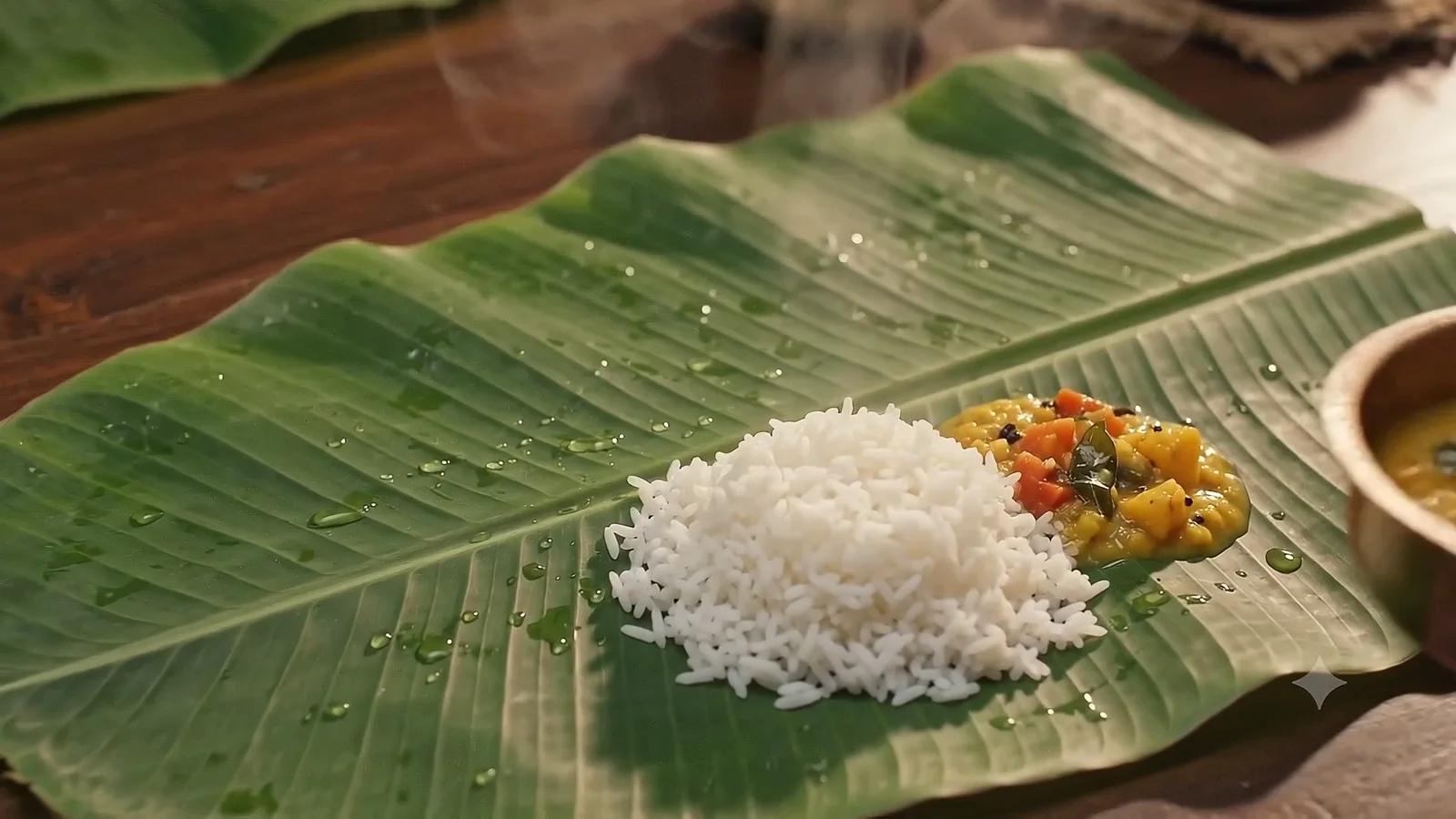 Rice being served on a banana leaf